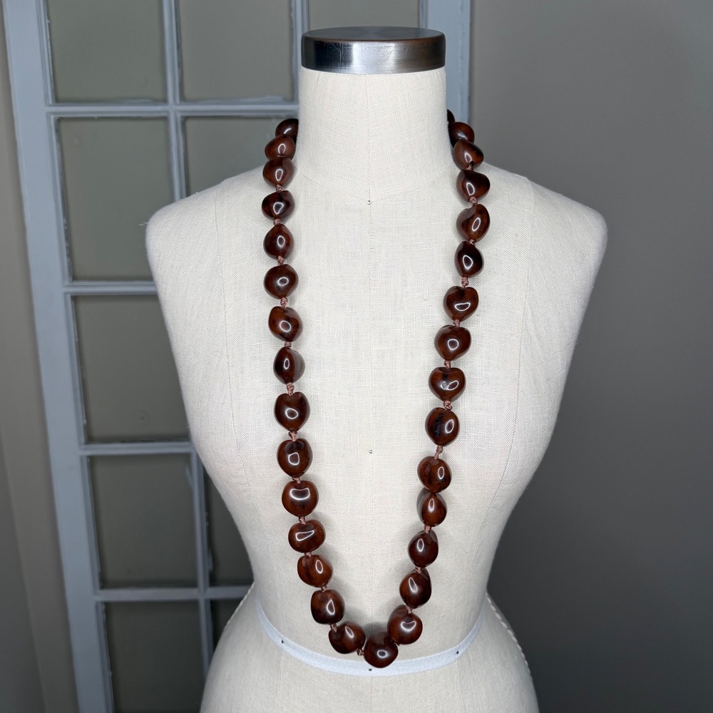 Hawaiian Kukui Nut Necklace Brown‎ Lei Ribbon Tie Women's OS Tropical Vacation